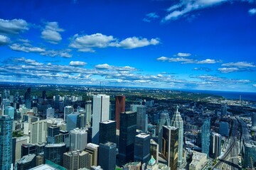 Panoramic and scenic view of Toronto Downtown from the top of CN tower in Toronto, Canada
