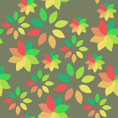 Seamless abstract colourful flowers. Red / Green / Yellow. Repetitive pattern on olive background.