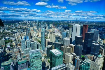 Fototapeta na wymiar Panoramic and scenic view of Toronto Downtown from the top of CN tower in Toronto, Canada