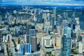 Panoramic and scenic view of Toronto Downtown from the top of CN tower in Toronto, Canada