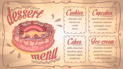 Dessert menu list template for cupcakes, cakes, ice-cream and cookies