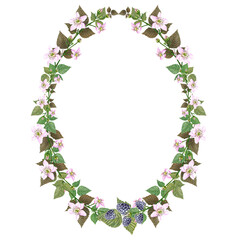 Watercolor oval frame of blackberry  leaves and flowers