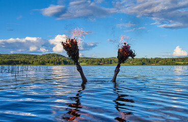 Submerged female holds two burning traditional Finnish bath whisks with her hands above water of a Finnish lake on calm summer evening.