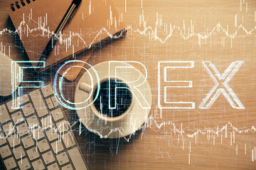 Multi exposure of forex chart drawing and work table top veiw. Concept of financial analysis.