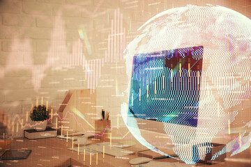 Double exposure of stock market graph drawing and office interior background. Concept of financial analysis.