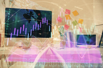 Double exposure of financial graph drawing and office interior background. Concept of stock market.