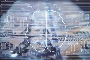Double exposure of brain drawing over us dollars bill background. Technology concept.