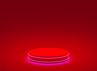 3d red neon light cylinder podium minimal studio red dark background. Abstract 3d geometric shape object illustration render. Display for christmas holiday product.