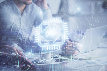 Double exposure of man and woman working together and technology theme drawing hologram. Big data concept. Computer background.