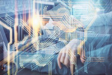 Double exposure of man and woman working together and technology theme world map drawing hologram. International business tech concept. Computer background.