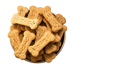 Pile of Bone shaped dog biscuits in food bowl. White background with copy space