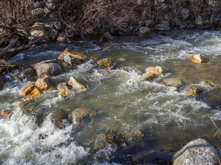 Rough mountain creek in April. Big Cottonwood Creek, Utah.