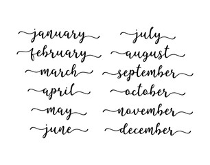 Hand Lettered Months of the Year Set. Calligraphy words January, February, March, April, May, June, July, August, September, October, November, December. Lettering for Calendar, Organizer, Planner