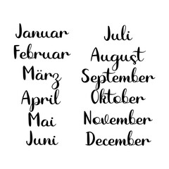 Monatsnamen. Handgeschriebene Wörter Januar, Februar, März, April, Mai, Juni, Juli, August, September, Oktober, November, December. Lettering für Kalender, Oragnizer, Planner