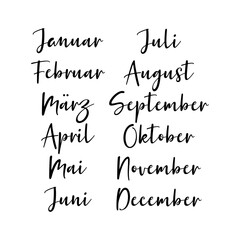 Monatsnamen. Handgeschriebene Wörter Januar, Februar, März, April, Mai, Juni, Juli, August, September, Oktober, November, December. Lettering für Kalender, Oragnizer, Planner