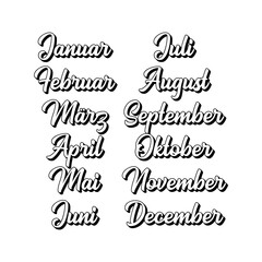 Monatsnamen. Handgeschriebene Wörter Januar, Februar, März, April, Mai, Juni, Juli, August, September, Oktober, November, December. Lettering für Kalender, Oragnizer, Planner