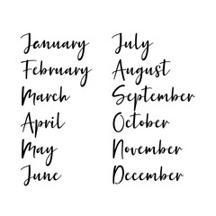 Hand Lettered Months of the Year Set. Calligraphy words January, February, March, April, May, June, July, August, September, October, November, December. Lettering for Calendar, Organizer, Planner