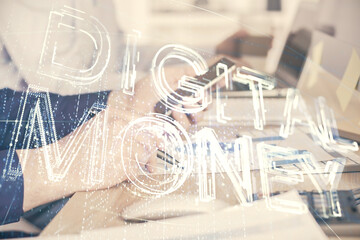 Double exposure of man's hands holding and using a phone and crypto currency blockchain theme drawing.