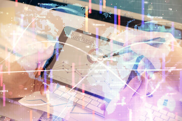 Double exposure of man's hands holding and using a phone and international business theme drawing.