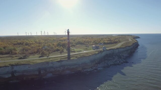 The landscape aerial view of the lighthouse in Parki Estonia.4K