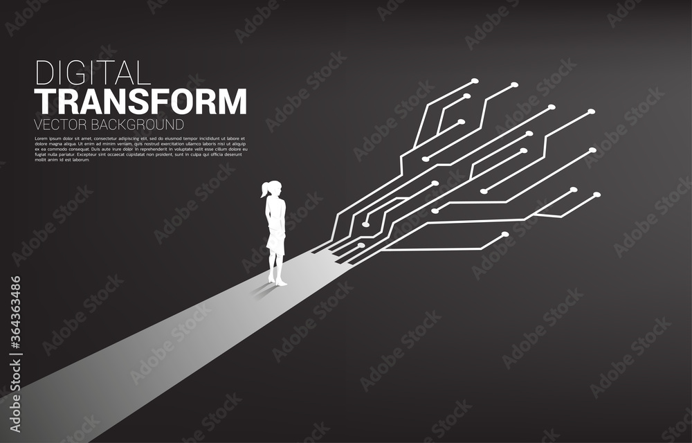 Poster silhouette of businesswoman standing on the way with dot connect line circuit. concept of digital tr