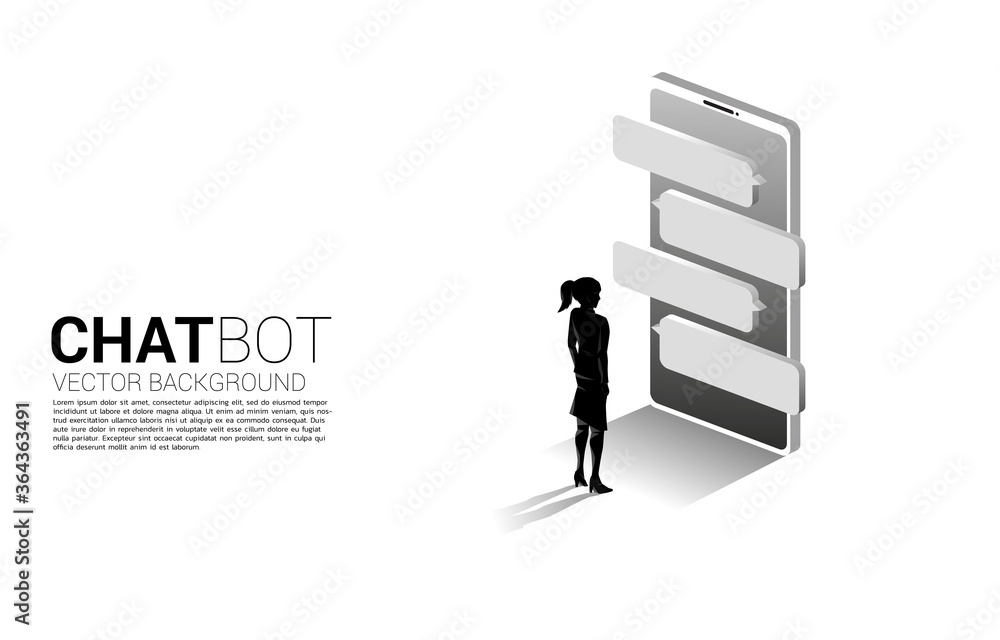 Poster silhouette of businesswoman standing with bubble speech on mobile phone. concept of chat bot engine 