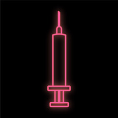 Bright luminous red medical digital neon sign for a pharmacy or hospital store beautiful shiny with a syringe for injection on a black background. Vector illustration