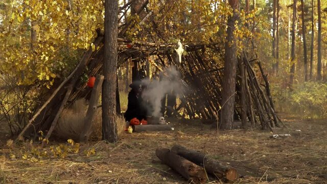 Witch conjures a Smoking cauldron and causes a fire. Sorcerer in a forest hut made of trees practices magic spells. Theme of the occult and esoteric rituals in the wild nature. Mystical magic ceremony