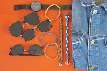 Top view of men accessories. Hipster or modern man concept. Accessories for going for a walk. Male...