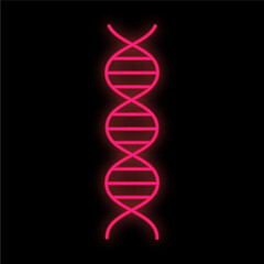 Bright luminous red medical digital neon sign for a pharmacy or hospital store beautiful shiny with a dna molecule spiral on a black background. Vector illustration