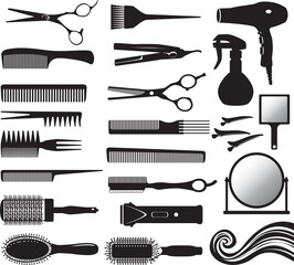 Set of vector silhouette of hairdressers tools