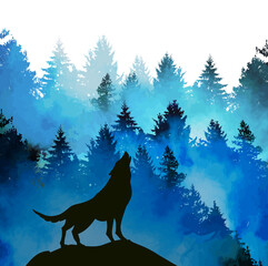 Wolf silhouette watercolor. Mixed media. Wolf howls in a blue forest. Vector illustration