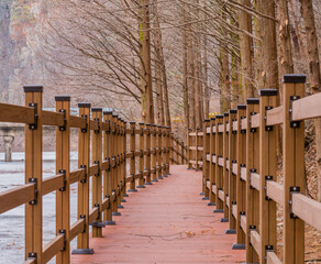 Wooden walkway alongside frozen river