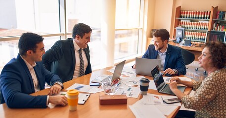 Business lawyers workers meeting at law firm office. Professional executive partners working on finance strategry at the workplace