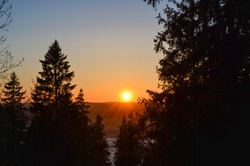 Sunset on a hill in the forest of Russia