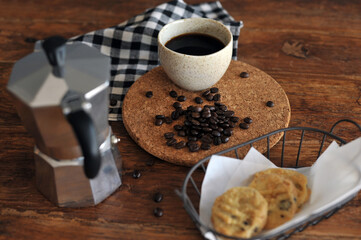 Moka pot coffee maker and coffee cup, steel italian espresso coffee pot
