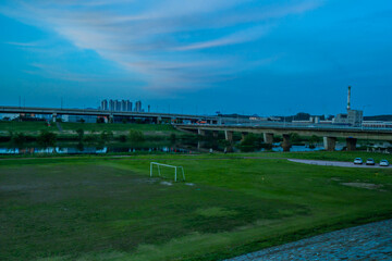 Fototapeta premium Landscape of river park at blue hour
