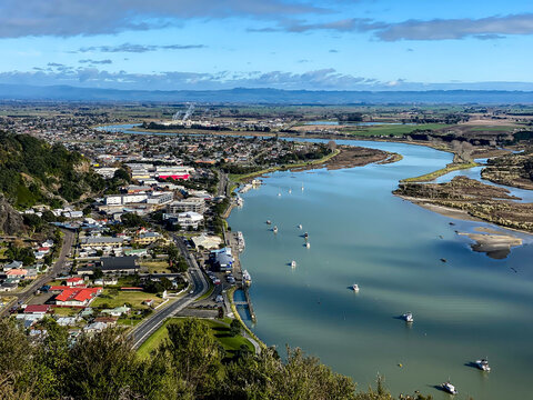 View of Whakatane town from Puketapu Lookout at Whakatane town in Bay of Plenty, New Zealand