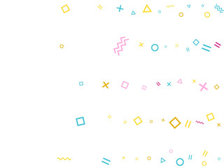 Memphis style geometric confetti vector background with triangle, circle, square shapes, chevron and wavy line ribbons.
