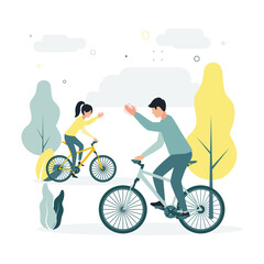 Vector illustration a woman and a man ride bicycles, wave their hands to each other, on a background of trees, plants, clouds. People ride bicycles, shake hands