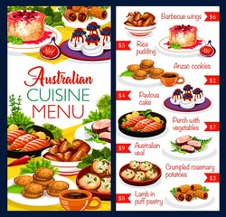 Australian cuisine food dishes menu, chicken, fish and pastry traditional meals, vector. Australia authentic food chicken wings barbecue, Anzac cookies and Pavlova cake, perch with vegetables and veal