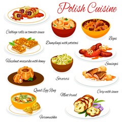 Polish cuisine food dishes menu, Poland traditional meat and fish vector meals. Polish pierogi potato dumplings, cabbage rolls in tomato sauce, carp fish and bigos meat, sausages and hazelnut pastry