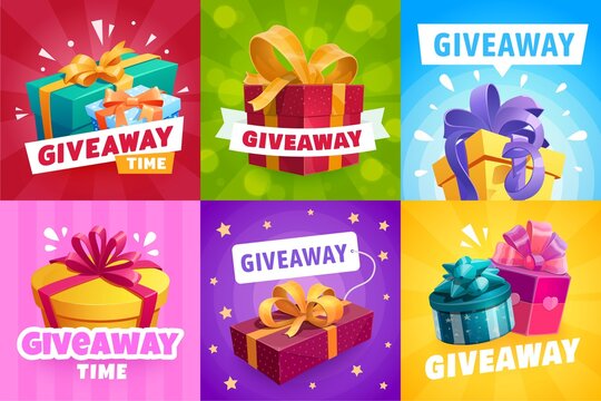 Giveaway gifts, competition winner prize, vector contest banner design. Giveaway free prize, presents and gift boxes with ribbons, quiz and social promo award, golden stars pattern background