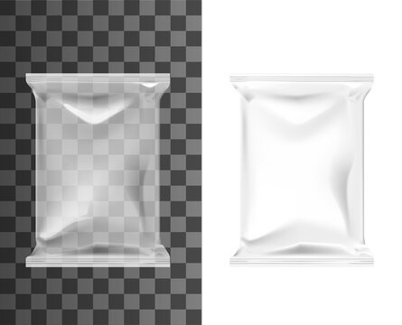 Pouch bag, sachet pack of white plastic foil, blank food product package, vector 3D mockup template. Realistic transparent pouch bag, sachet pack or doypack for snacks or dry food wrap package