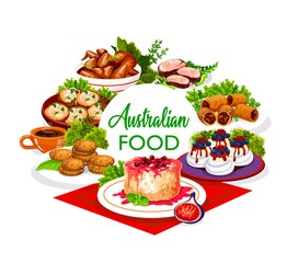 Australian cuisine food, lunch, dinner meals menu, rinks and snacks, vector buffet. Australian veal meat, lamb in puff pastry, barbecue chicken wings, Pavlova cakes and Anzac cookies