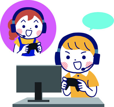 友達と通話しながらオンラインゲームを楽しむ男の子