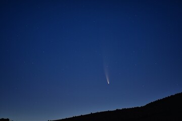 NEOWISE Comet technically known as C/2020 F3, rising on the Horizon in Utah, United States, taken just before dawn on July 12, 2020, from the Simpson Springs Pony Express Trail Station in the West Des