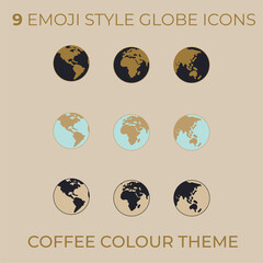 9 vector emoji-style globe icons. Set in coffee colour scheme, for travel aesthetic.