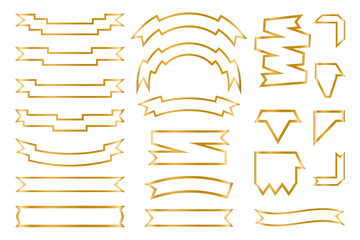 Shiny foil gold labels and ribbon frame set. Metallic background banner. Congratulation gradient retro flag, tape for text, sale label. Blank template different shape Isolated vector illustration