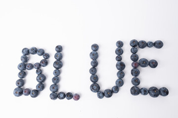 Blueberries arranged on a whithe background to spell the word blue